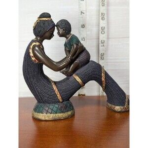 AFRICAN MOTHER AND CHILD Figurine Statue Black Gold Mother's Day Gift Decor 6"